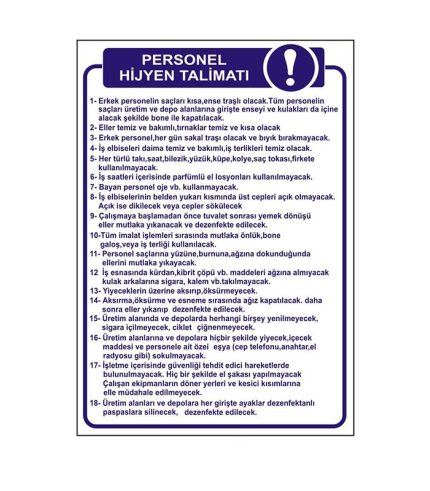 Personel Hijyen Talimatı Levhası